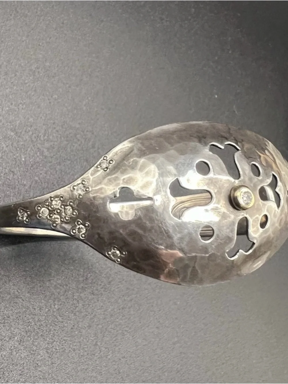 Brandon Holschuh Sterling Silver & 14K Gold Hammered Spoon Cuff with Diamonds